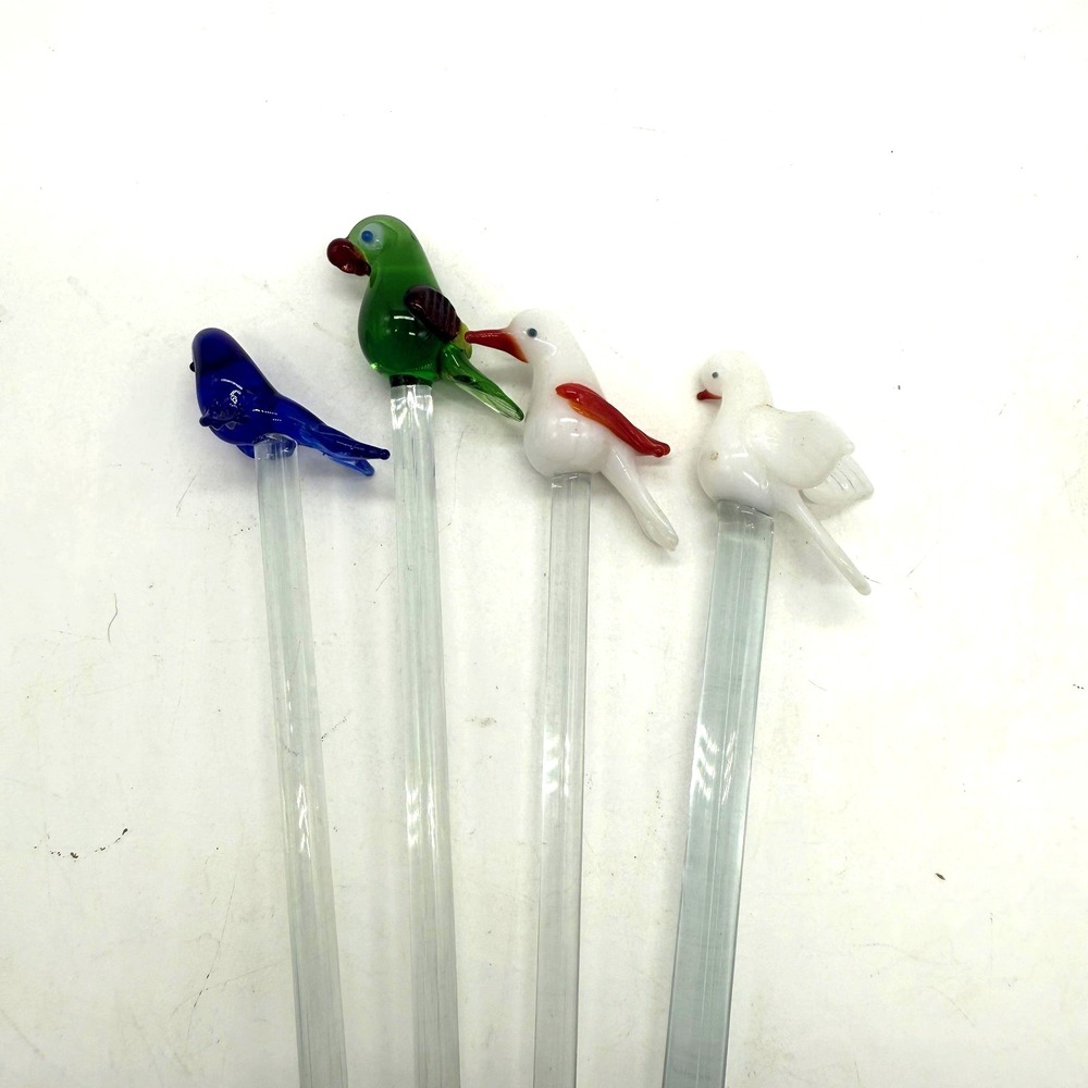Art Glass Birds Of Britain Cocktail Glass Stirrers Set 4 Multicolor Unmarked